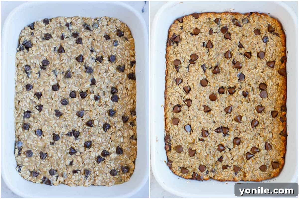 Chocolate Chip Oat Delight 6 The chocolate chip oatmeal bake mixture poured into a prepared baking dish, topped with extra chocolate chips, ready to be placed in the oven.