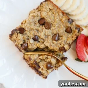 Chocolate Chip Oat Delight 9 A plate with chocolate chip baked oats, fruit and a fork.