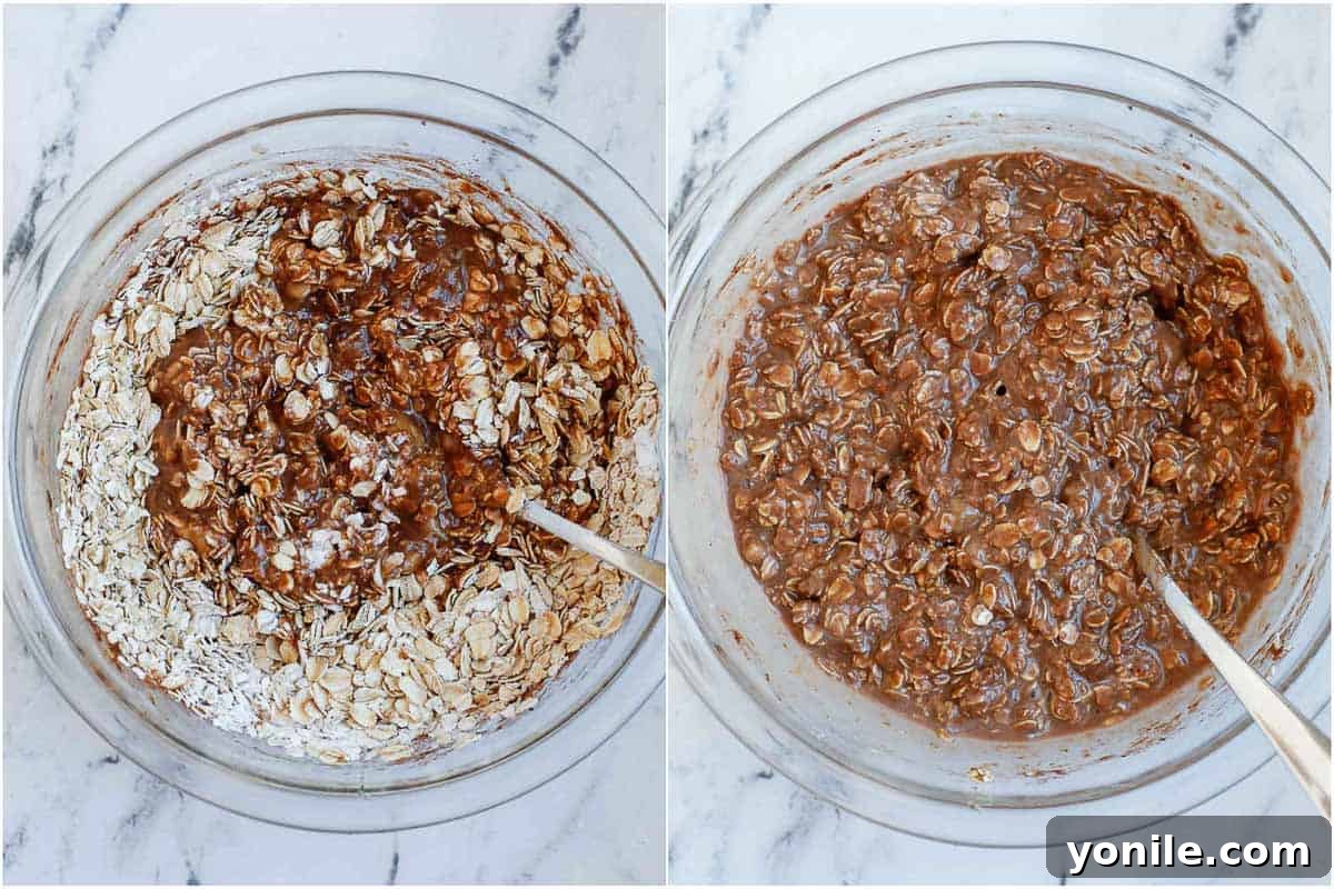 The process of mixing wet and dry ingredients separately for the baked chocolate oats recipe, showing bowls with mashed bananas and dry oat mix.
