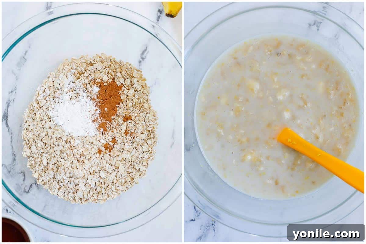 Separating dry and wet ingredients in two different bowls before combining them for the blueberry oatmeal bake.