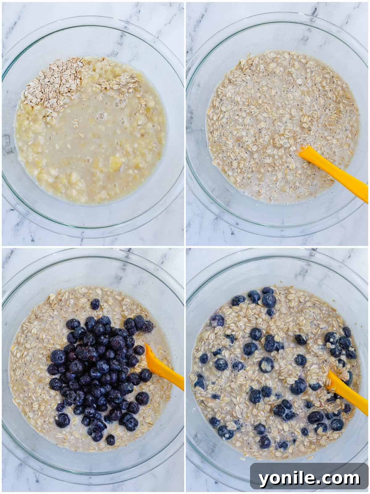 Mixing the wet and dry ingredients with blueberries to create the baked oatmeal batter.