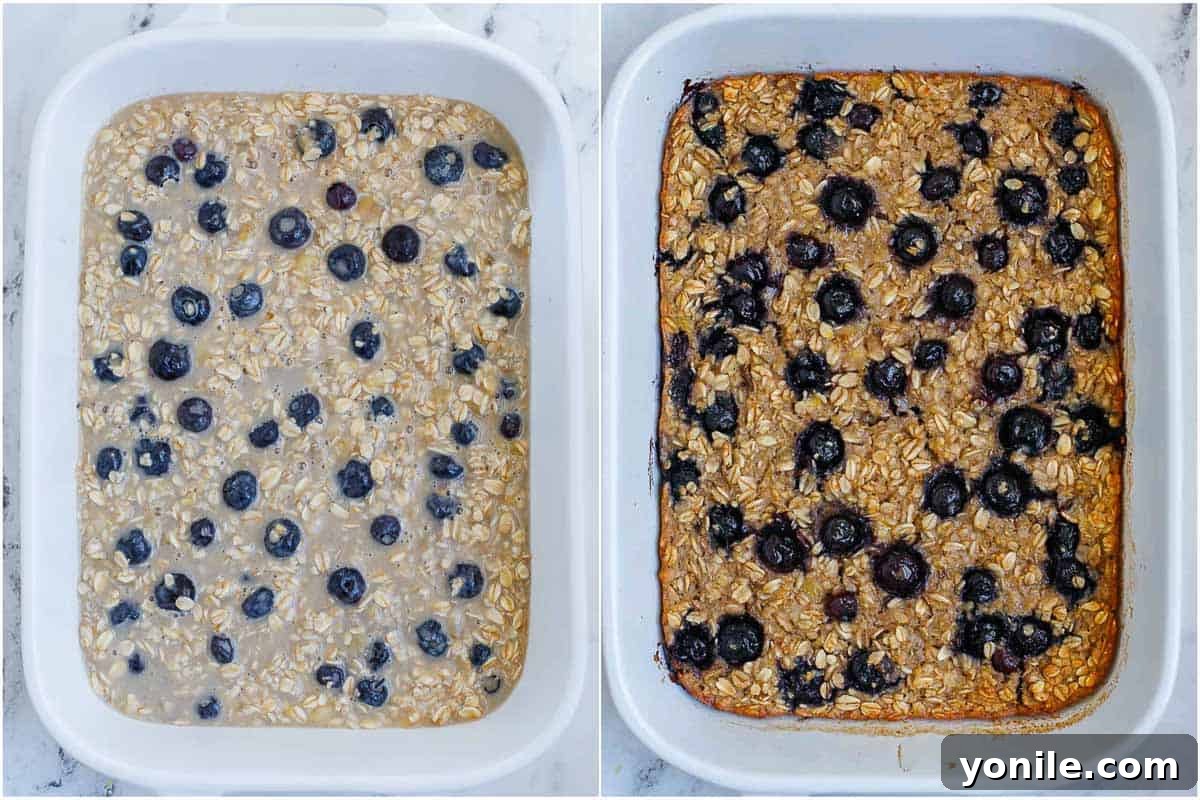 A comparison photo showing the oatmeal mixture in a baking dish before and after baking, highlighting the golden-brown crust.
