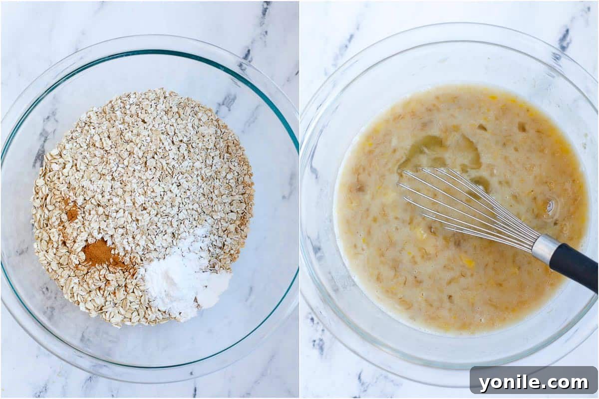 mix dry and wet ingredients in each bowl