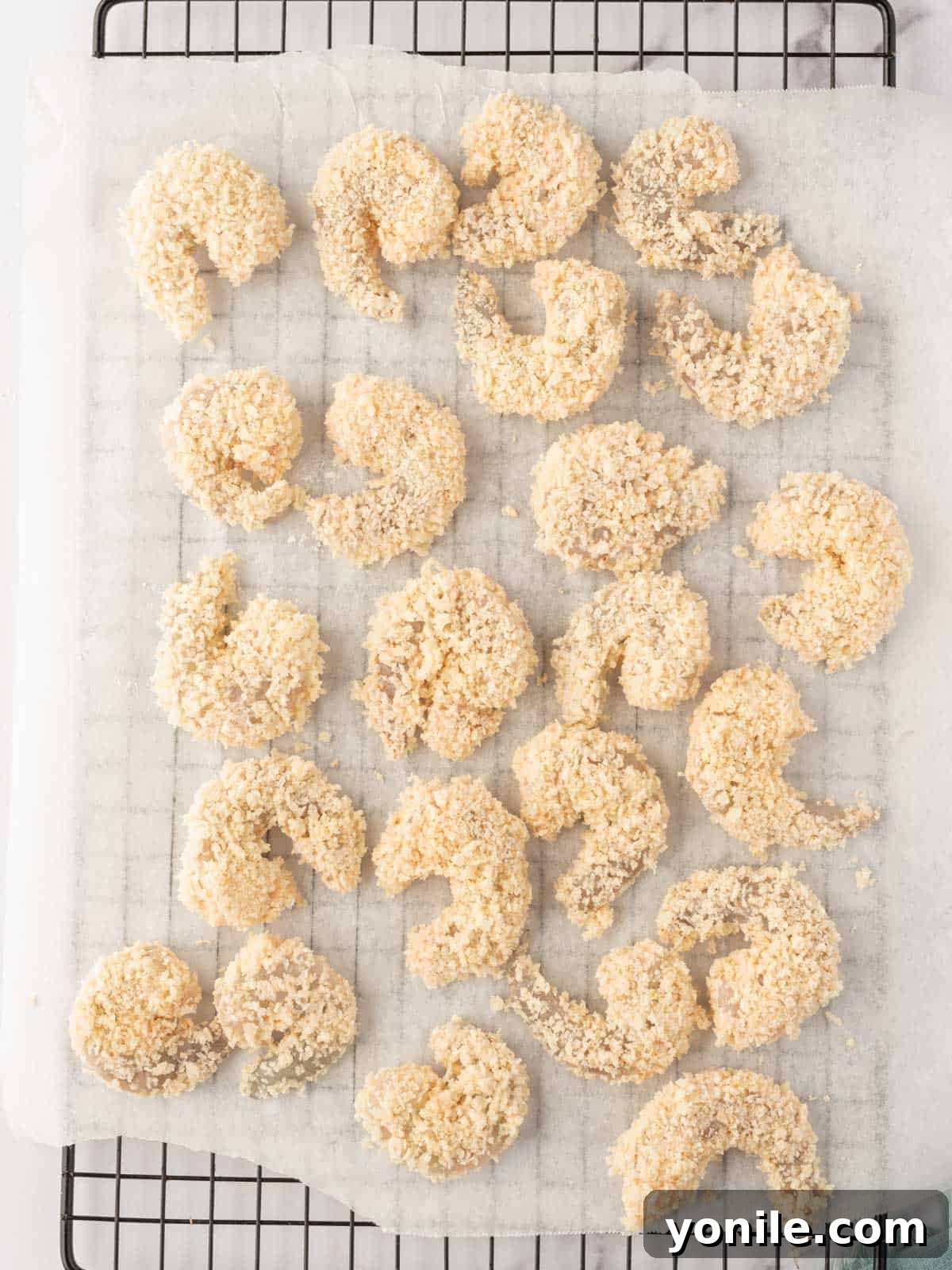 A close-up view of perfectly breaded shrimp, coated in panko breadcrumbs, neatly arranged on parchment paper, ready for air frying.