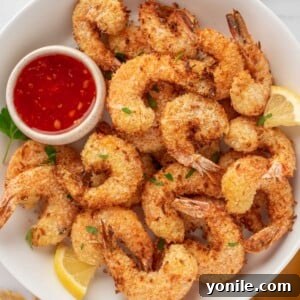 A pile of golden brown, crispy air fryer coconut shrimp on a white plate, garnished with fresh herbs and a small bowl of sweet chili dipping sauce.