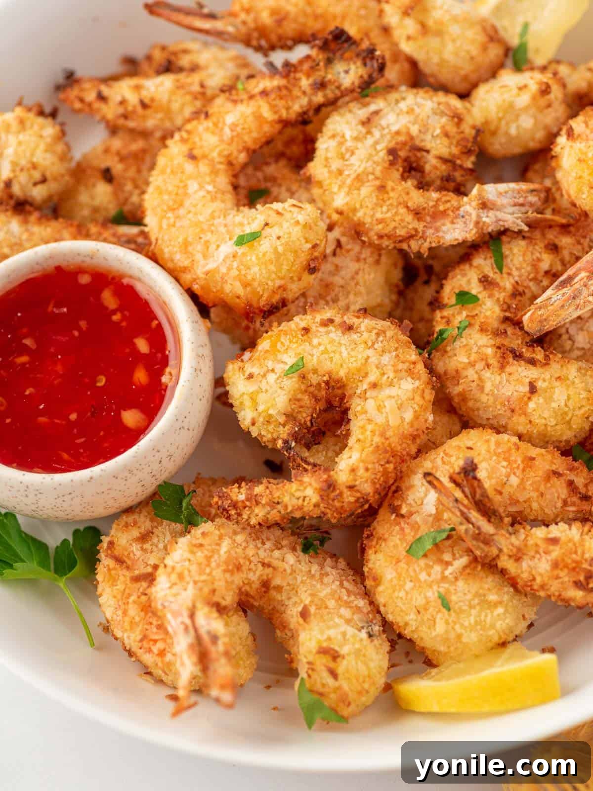 A beautifully arranged plate of crispy air fryer breaded shrimp, accompanied by a small bowl of sweet chili dipping sauce and lemon wedges, ready to be enjoyed.
