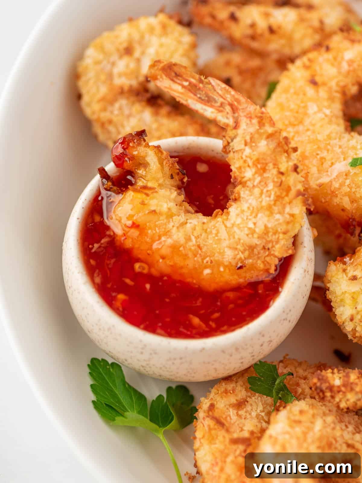 A perfectly air-fried coconut shrimp is being dipped into a luscious sweet chili sauce, highlighting its crispy texture and delicious appeal.