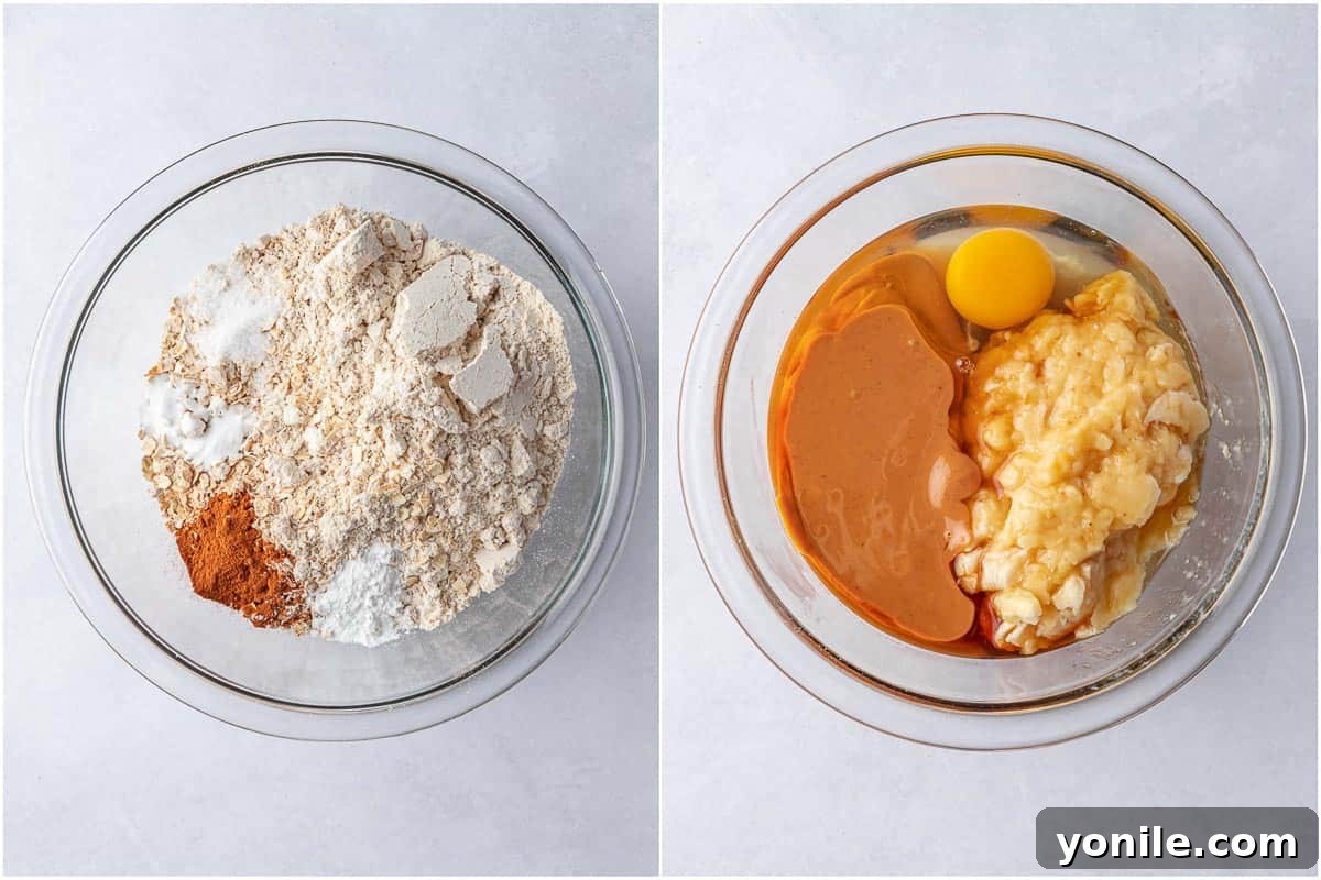 Two photos showing the wet and dry ingredients in different bowls.