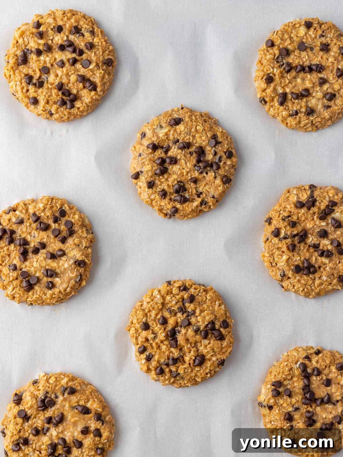 Overhead view of healthy chocolate chip oatmeal cookies on a parchment before baking.