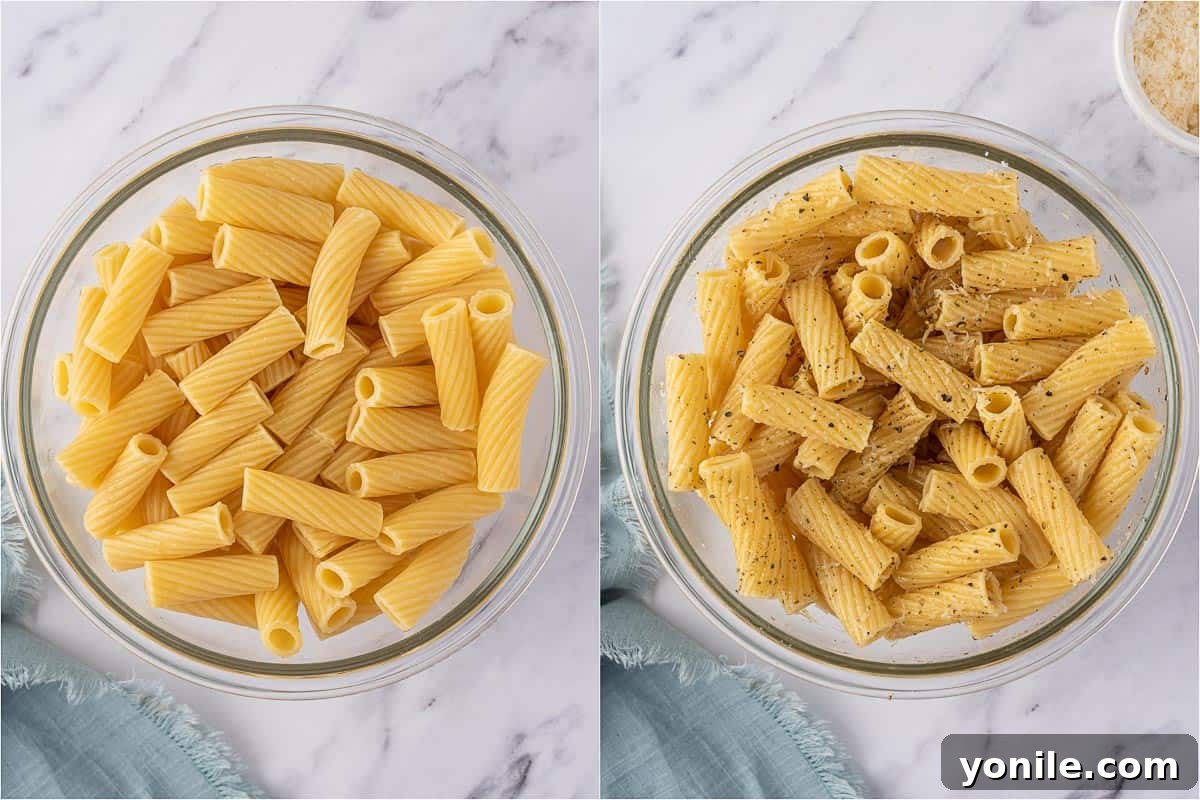 Seasoning cooked noodles for air fryer pasta chips in a bowl.