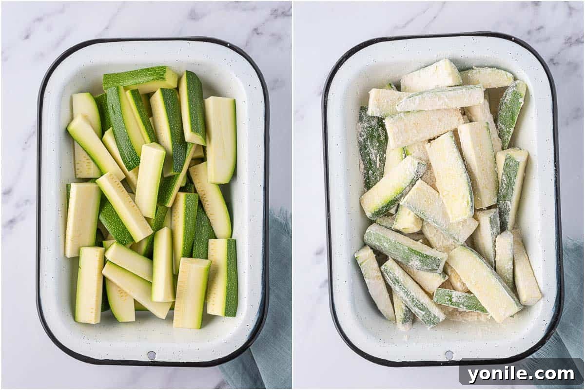 Crispy Air Fryer Zucchini Sticks 4 Coating fresh zucchini fries with flour.