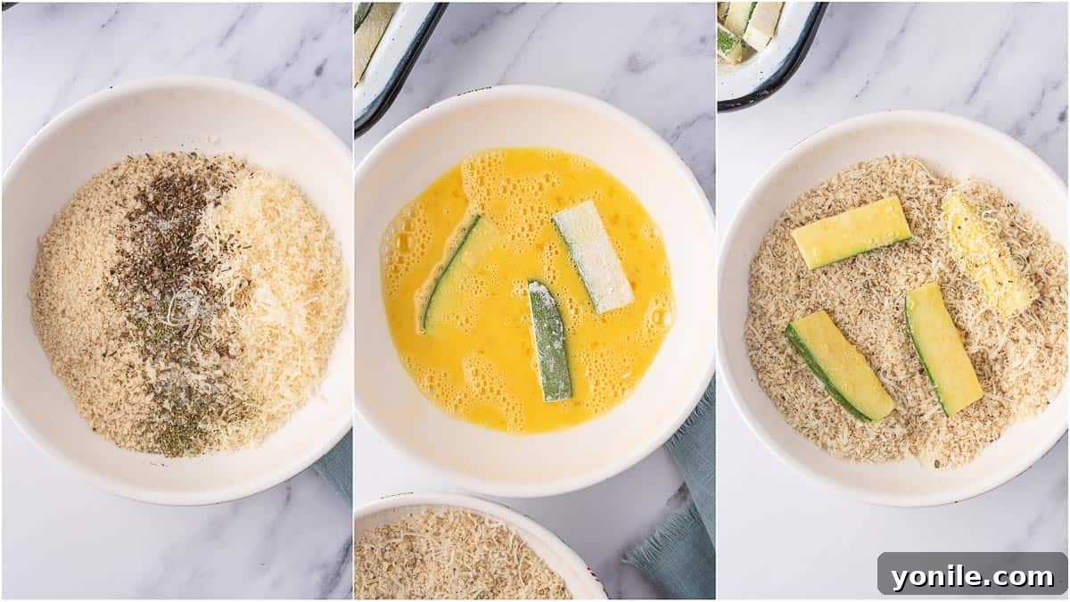 Crispy Air Fryer Zucchini Sticks 5 Breading process for breaded zucchini fries.