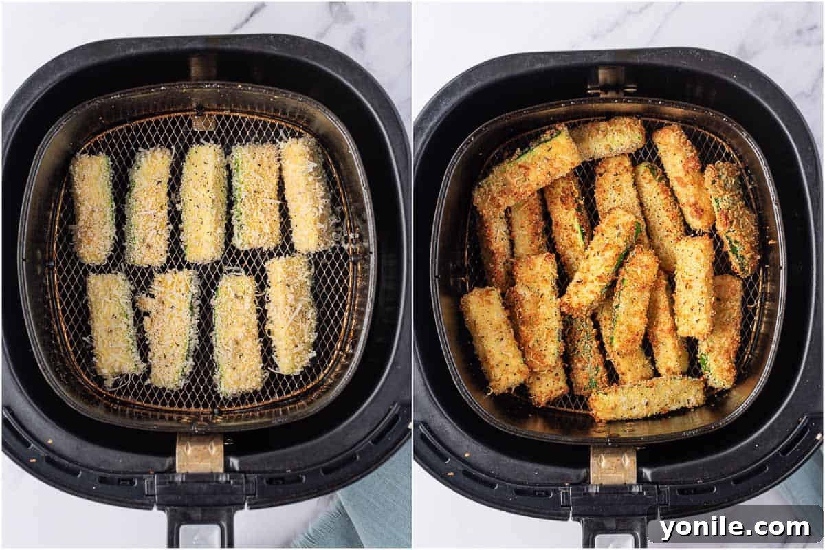 Crispy Air Fryer Zucchini Sticks 6 Before and after of zucchini sticks in air fryer.