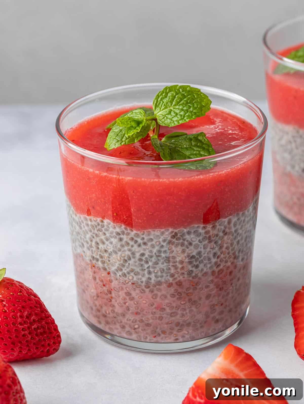 A glass of strawberry chia pudding with mint on top.
