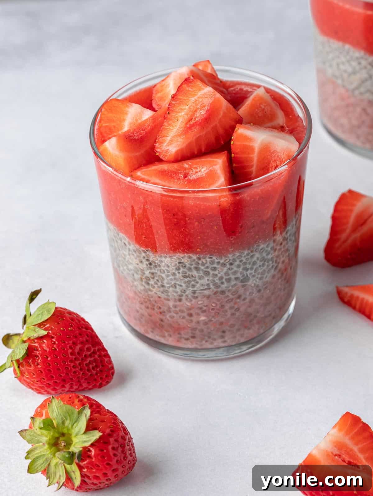 Glass of chia pudding with strawberries on top.