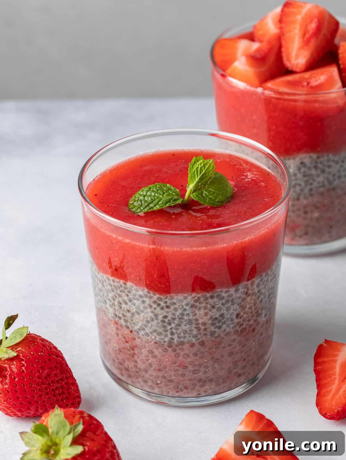 Glass of strawberry chia pudding with mint on top.