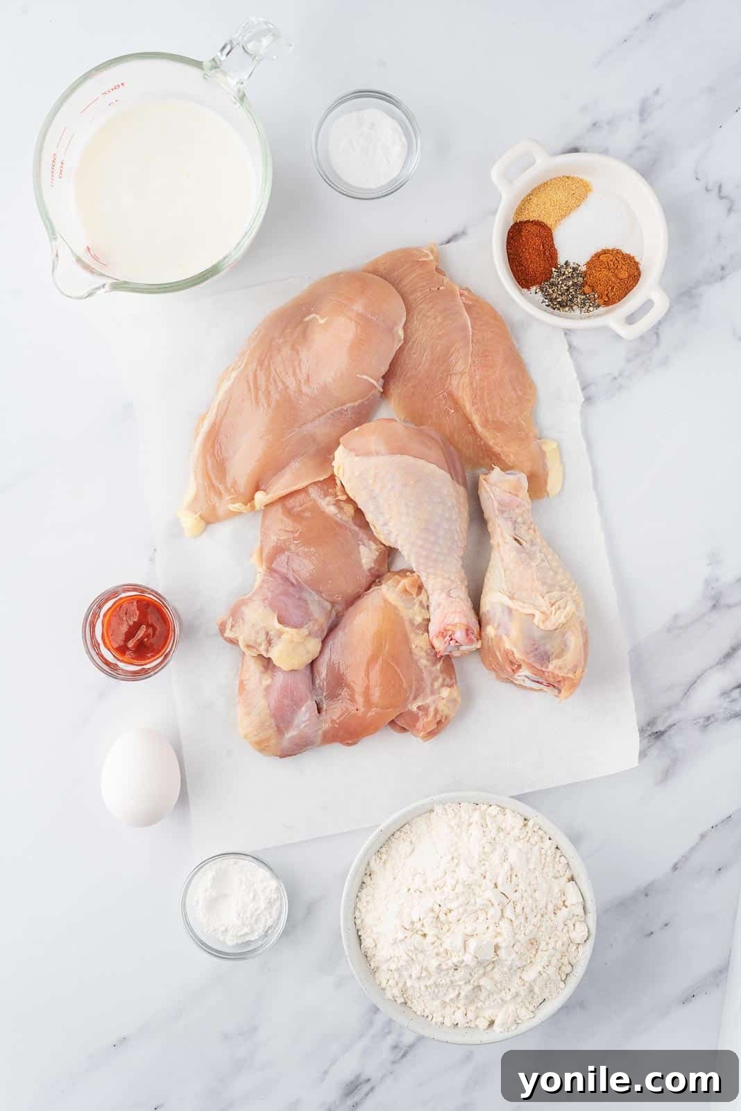 Ingredients needed for crunchy fried chicken.