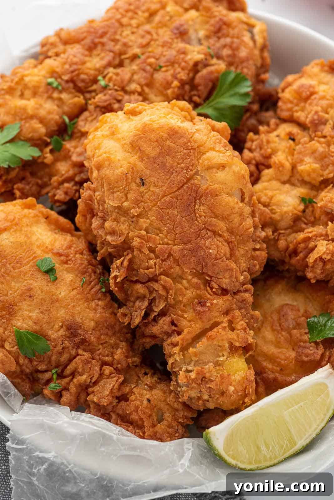 Crunchy fried chicken on a plate.