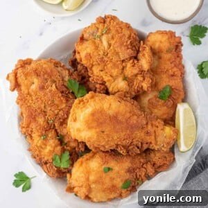 Extra crispy fried chicken on a serving plate.