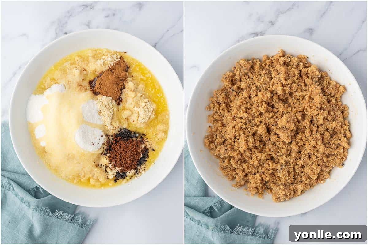 Detailed process of mixing ingredients to create the perfectly crumbly streusel topping for the almond flour coffee cake.