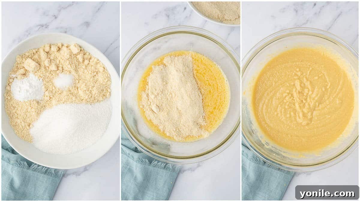 A visual guide depicting the process of gradually adding dry ingredients to the wet mixture, creating the rich batter for the low carb coffee cake.