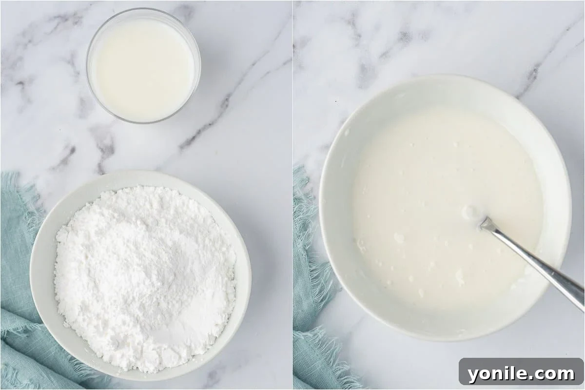 Illustrative step-by-step showing the preparation of the smooth, sweet glaze designed for the keto almond flour cake.