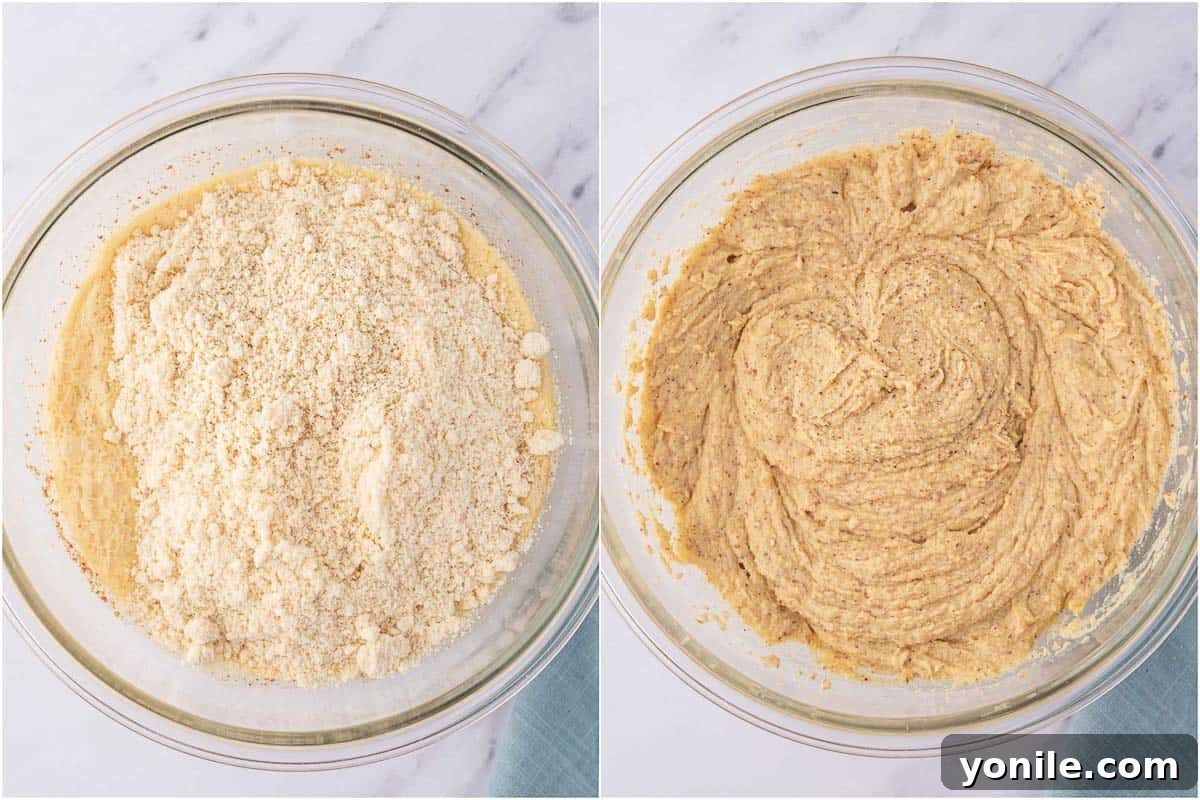 Guilt-Free Keto Sandwich Loaf 5 Mix dry keto bread recipe ingredients into the wet ingredients.