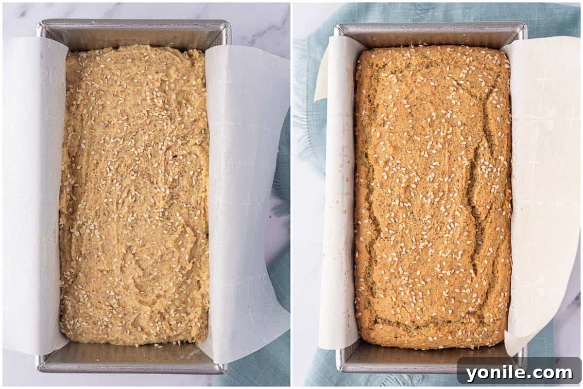 Guilt-Free Keto Sandwich Loaf 6 Before and after baking the keto sandwich bread recipe.