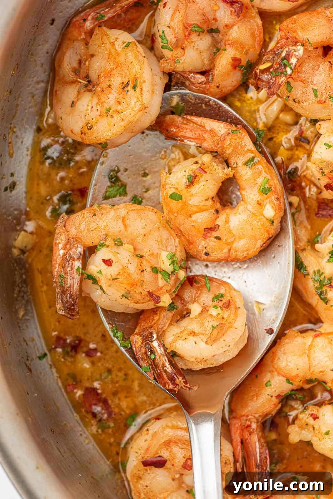 Bright and Buttery Lemon Garlic Shrimp 5 A close-up of a spoon lifting garlic and lemon shrimp from a skillet, showcasing the rich sauce.