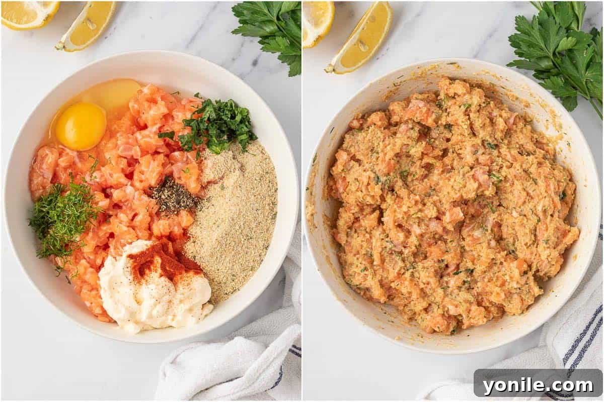 The process of mixing and forming the fresh salmon patties filling in a bowl.