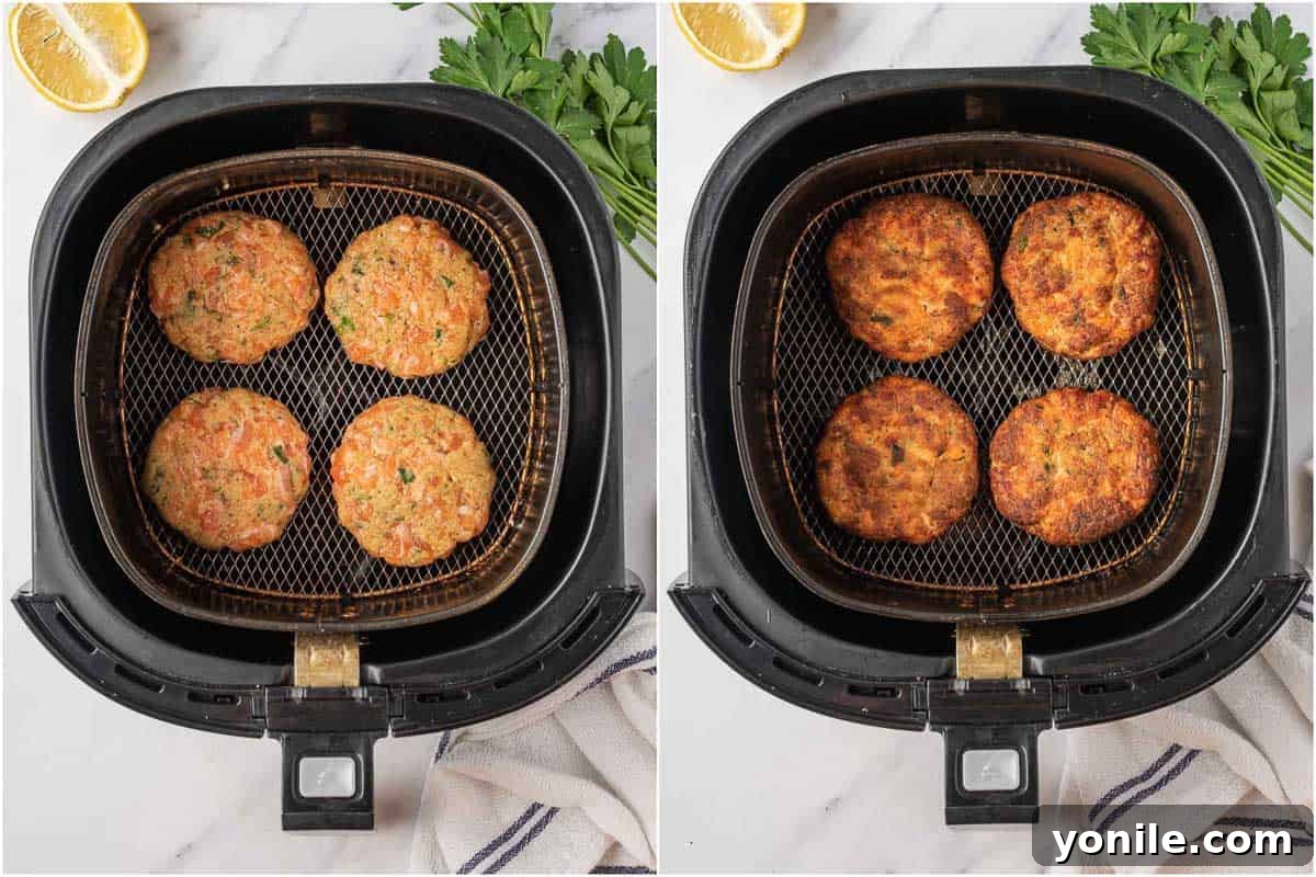A side-by-side comparison of uncooked and perfectly cooked golden salmon croquettes from an air fryer.