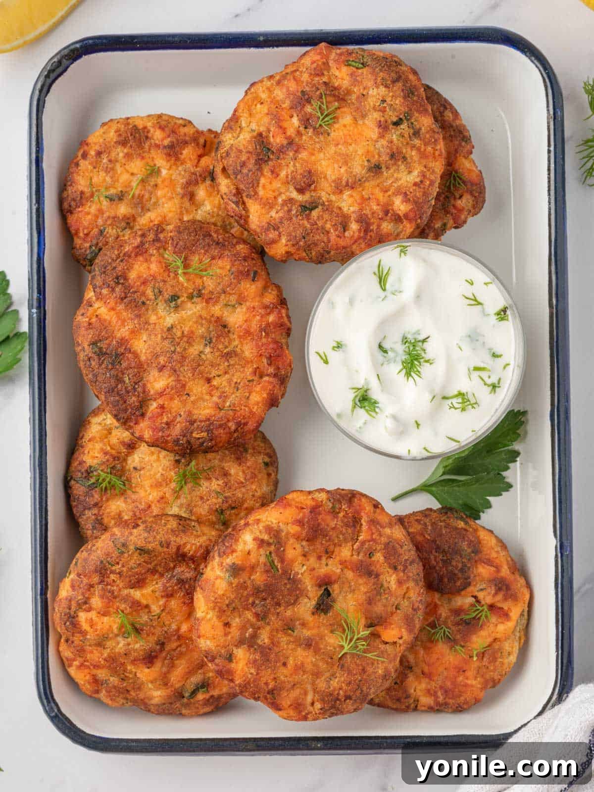 Freshly cooked salmon patties recipe arranged on a serving tray, garnished with fresh herbs and lemon wedges.