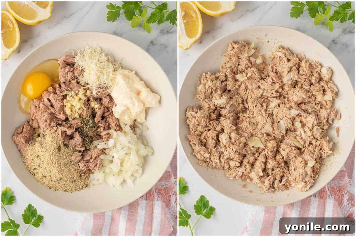 How to make air fryer tuna patties. Mixing all the ingredients together.