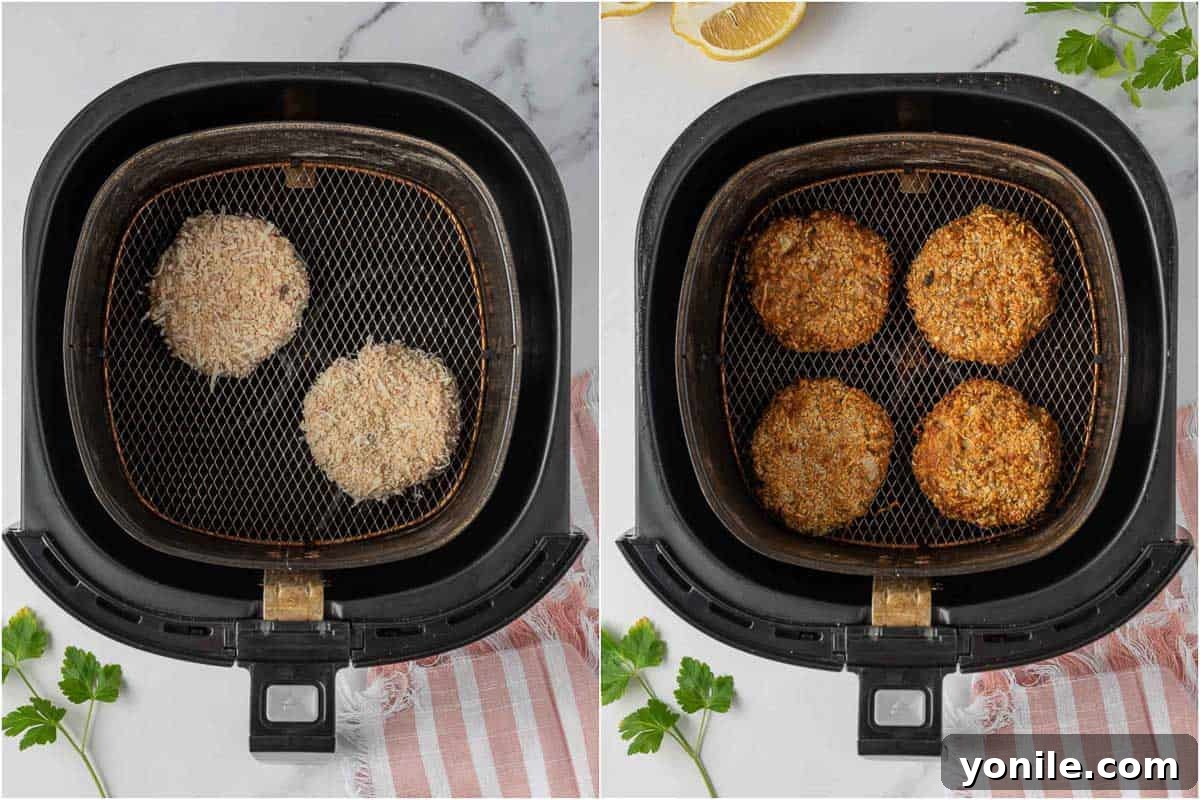 Before and after air frying crispy tuna cakes.