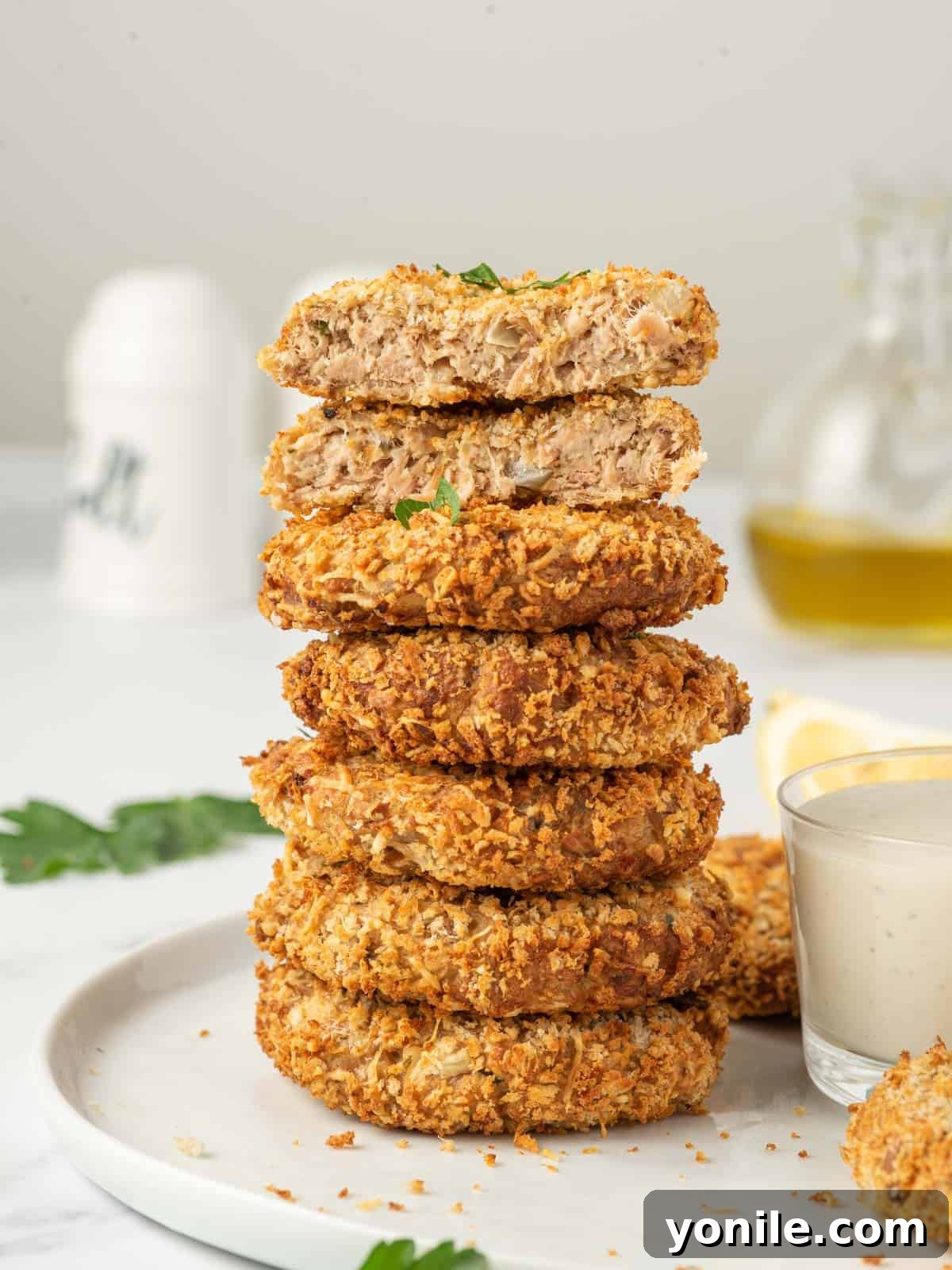 Pile of crispy tuna cake on a plate.