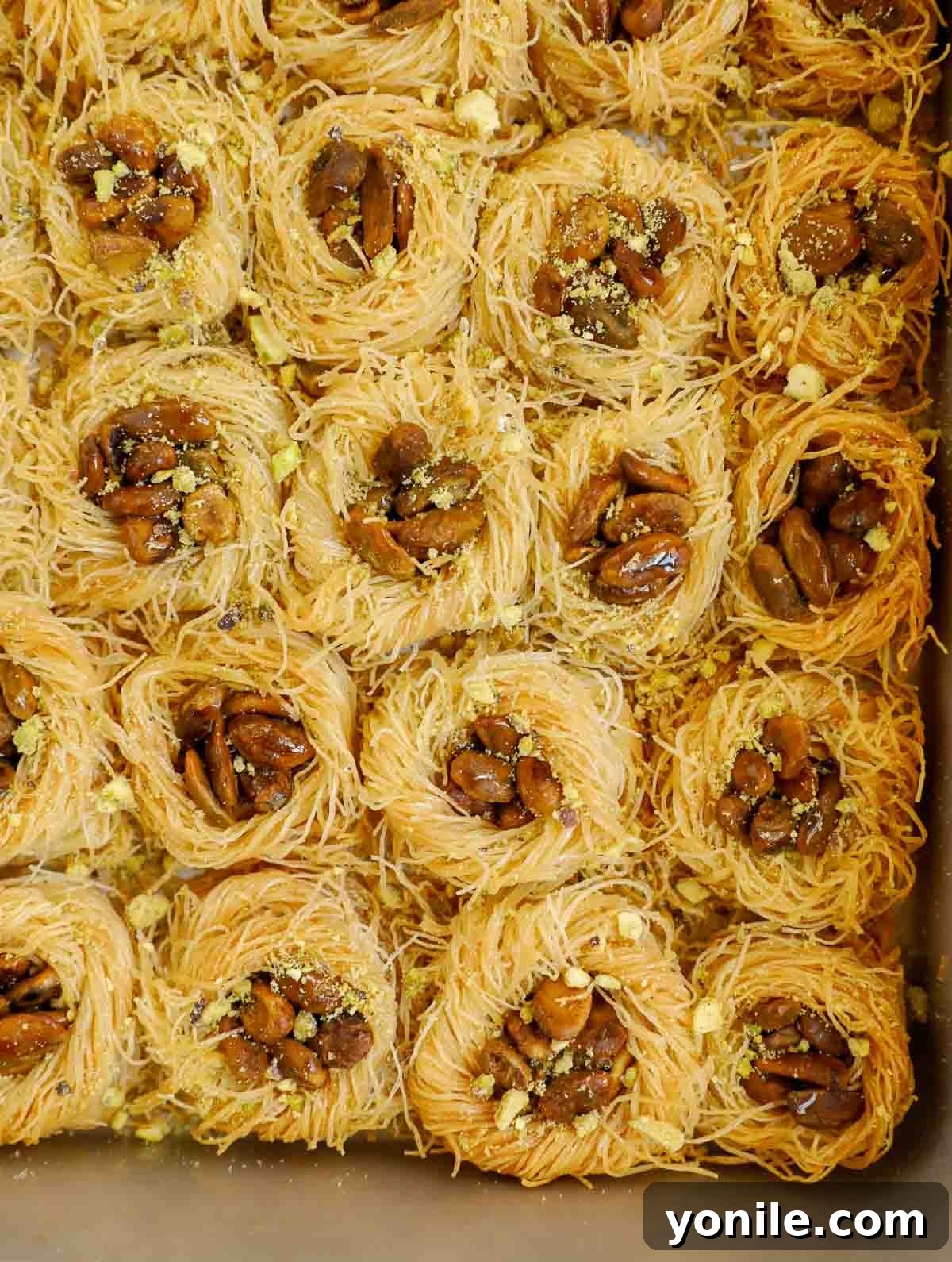 A close-up shot of golden-brown Bird Nest Baklava arranged in a basket, showcasing its intricate details and delicious appeal.