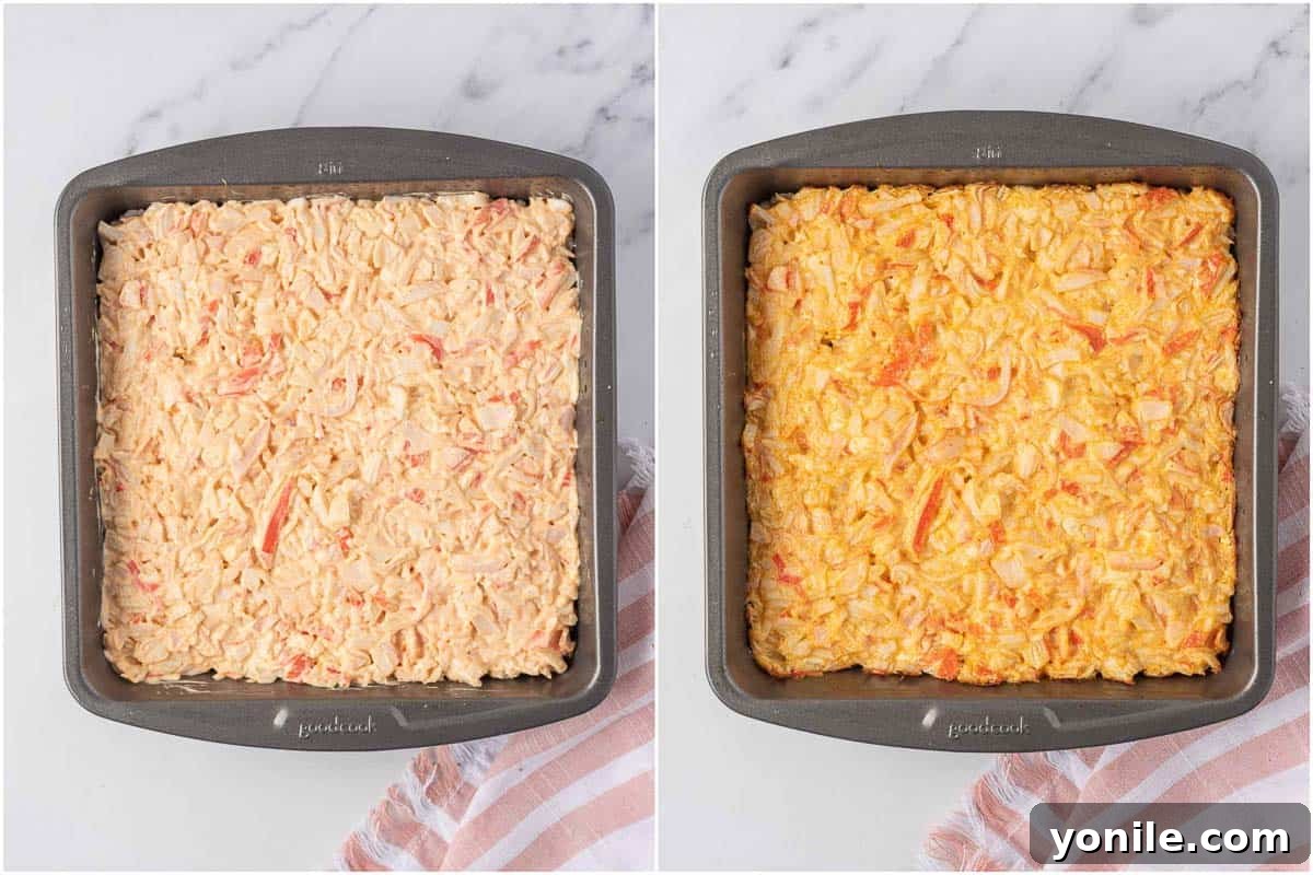 Effortless Baked Sushi 6 Baked imitation crab in a casserole dish before garnishing.