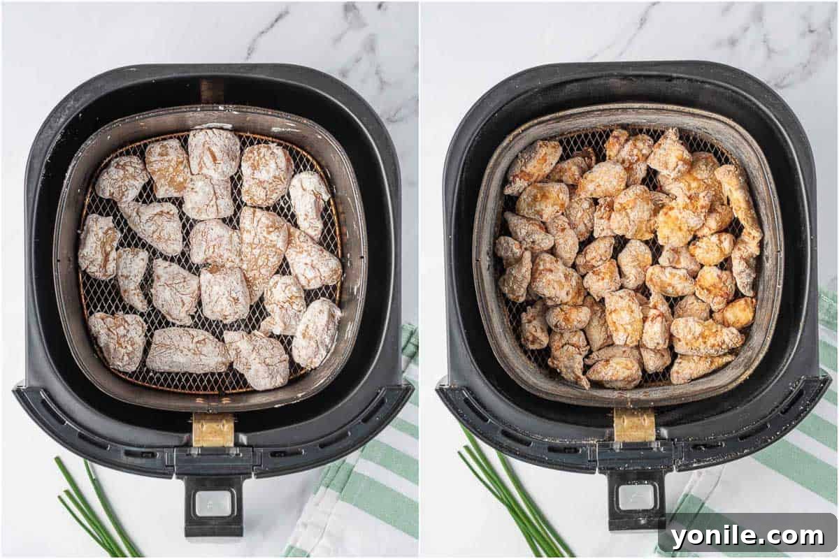 Before and after air frying the crispy chicken pieces.