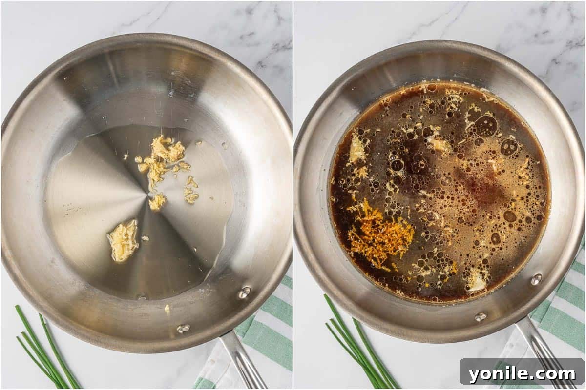 Sautéing garlic and preparing the easy orange chicken sauce in a skillet, with a side shot of the air fried chicken.