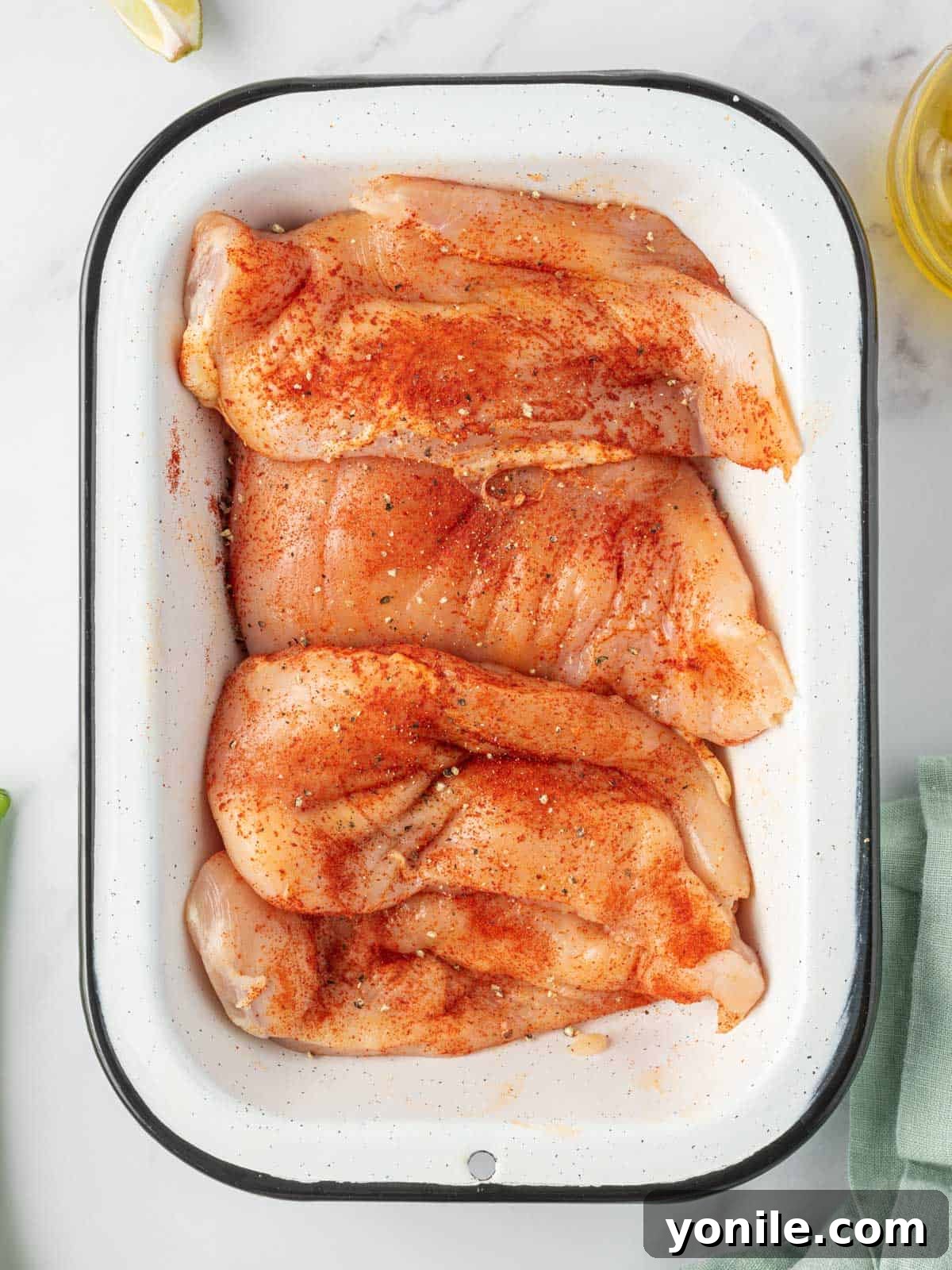 Seasoned chicken for honey sriracha chicken, ready for searing.