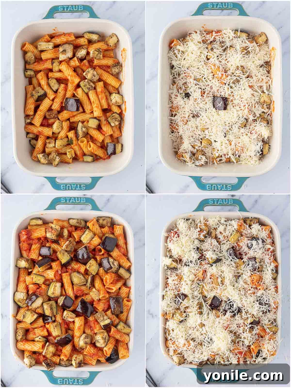 Step-by-step process of layering pasta, roasted eggplant, and cheese in a casserole dish.