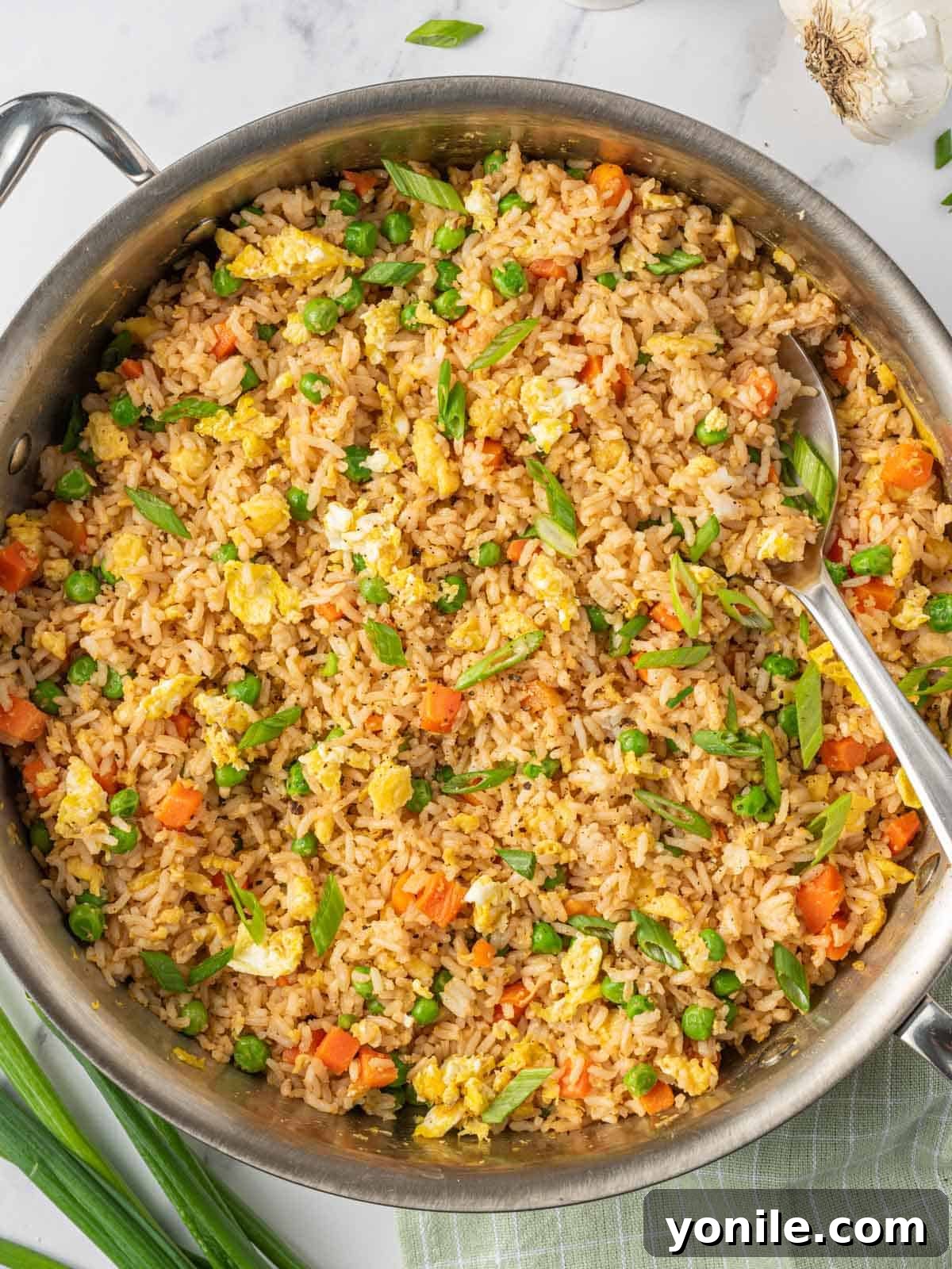 The best Chinese fried rice in a skillet, ready to serve.