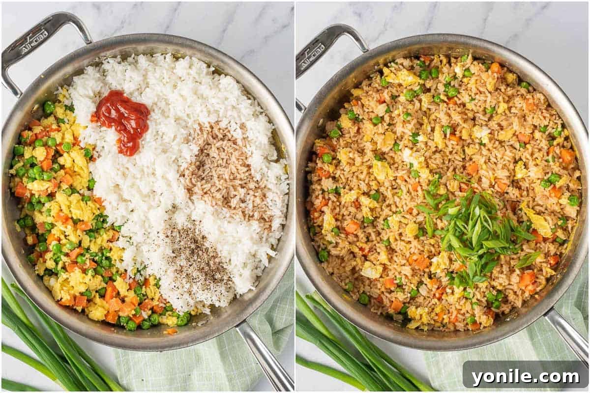 Process of how to make vegetarian egg fried rice by mixing ingredients.