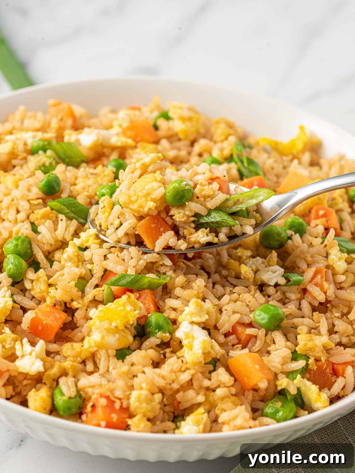 A spoon full of Chinese vegetarian fried rice lifted over a bowl.
