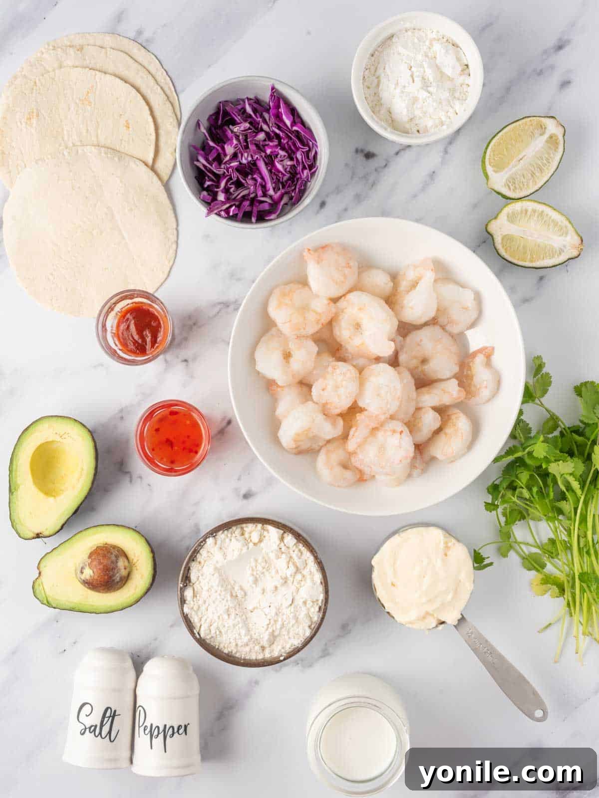 Quickfire Dynamite Shrimp Tacos 3 A vibrant display of fresh ingredients for dynamite shrimp tacos, including shrimp, buttermilk, cabbage, avocado, and lime.