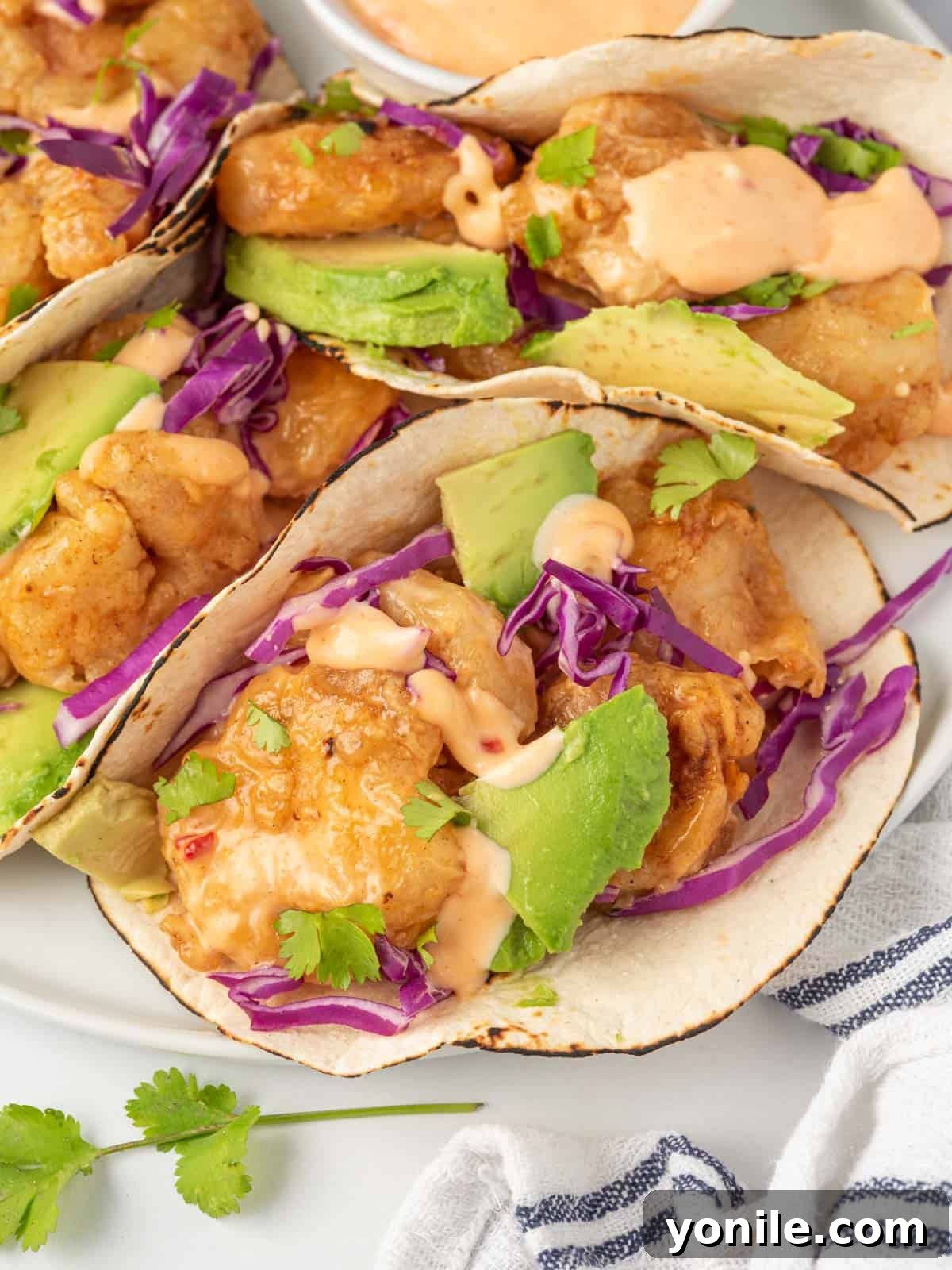 Quickfire Dynamite Shrimp Tacos 9 Close-up shot of crispy bang bang shrimp tacos, showcasing the sauce and fresh toppings.