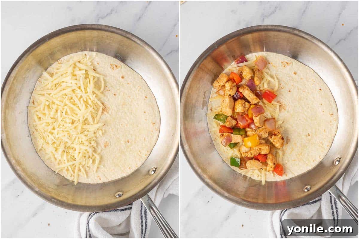 How to build a chicken and cheese quesadilla.