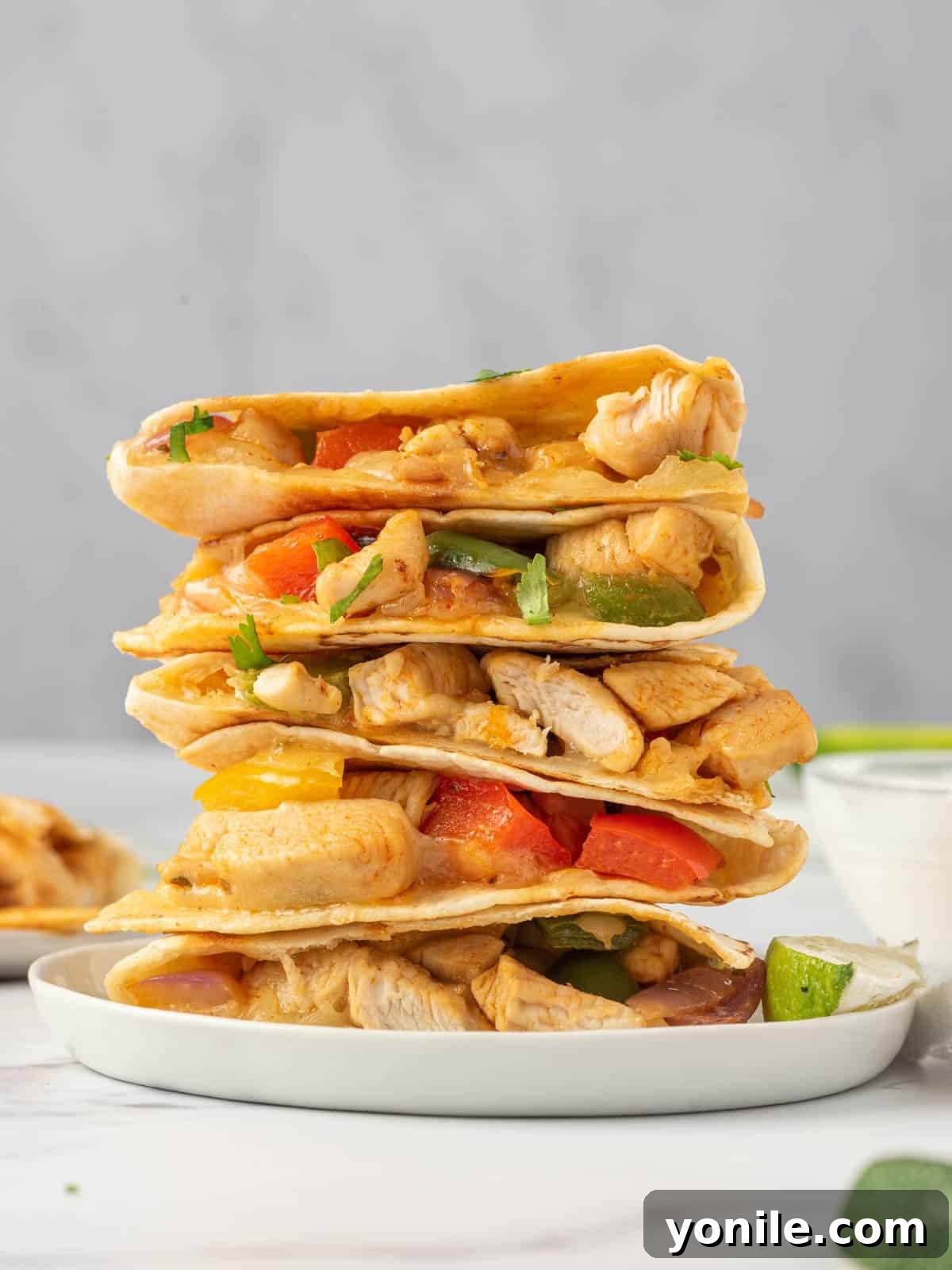 A stack of chicken and cheese quesadillas on a plate.