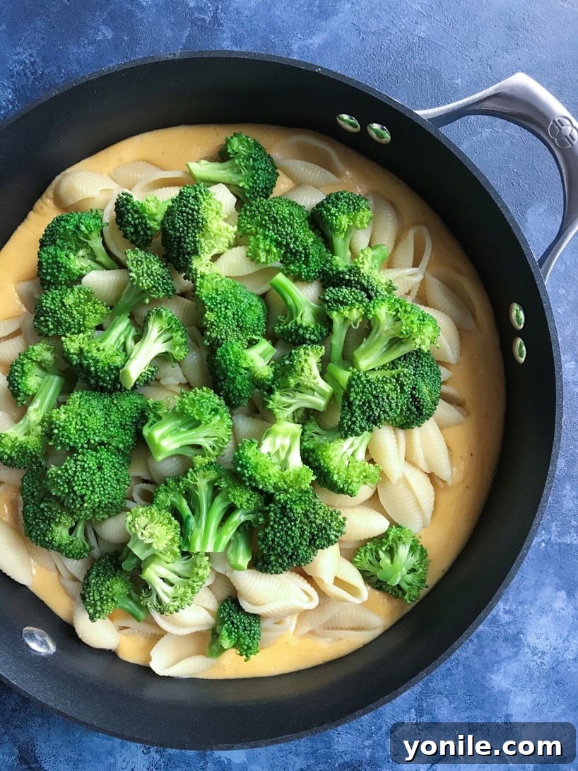 Silky Broccoli Mac 4 Broccoli florets and cooked pasta being added to the creamy sauce in a skillet.