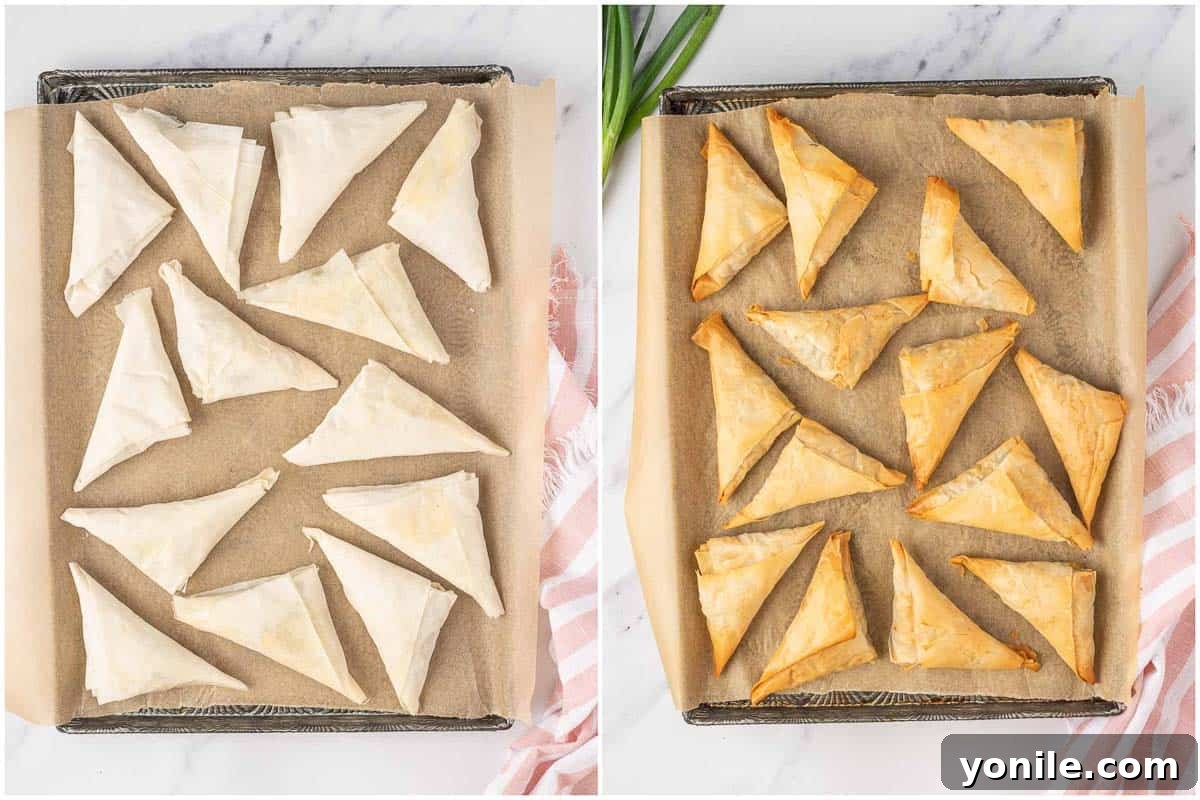 Simple Spanakopita Bites 7 Golden-brown, baked homemade spanakopita triangles fresh out of the oven.